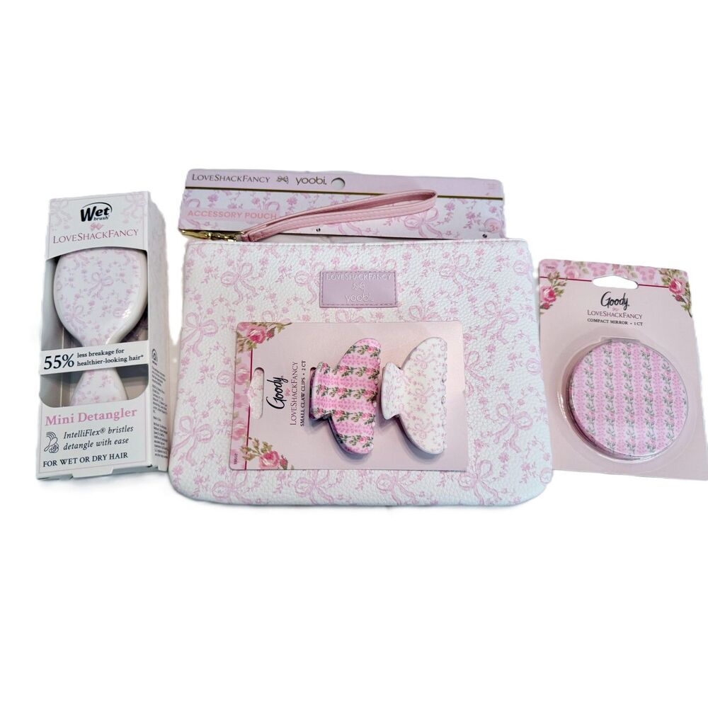 NWT LoveShackFancy Pink Beauty Bundle Yoobi Wet Brush Goody Wristlet